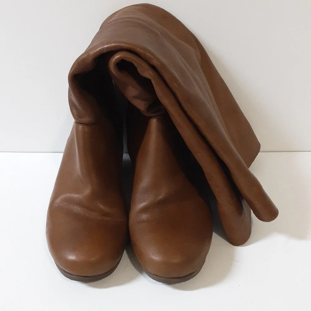 Mercanti Fiorentini leather boots heel knee  wedge brown women 38 pull on